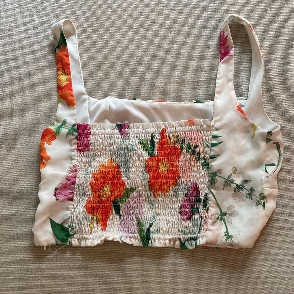 Satin Floral Square Neck Ruched Smocked Crop Top Bustier White Size M - Picture 5 of 8